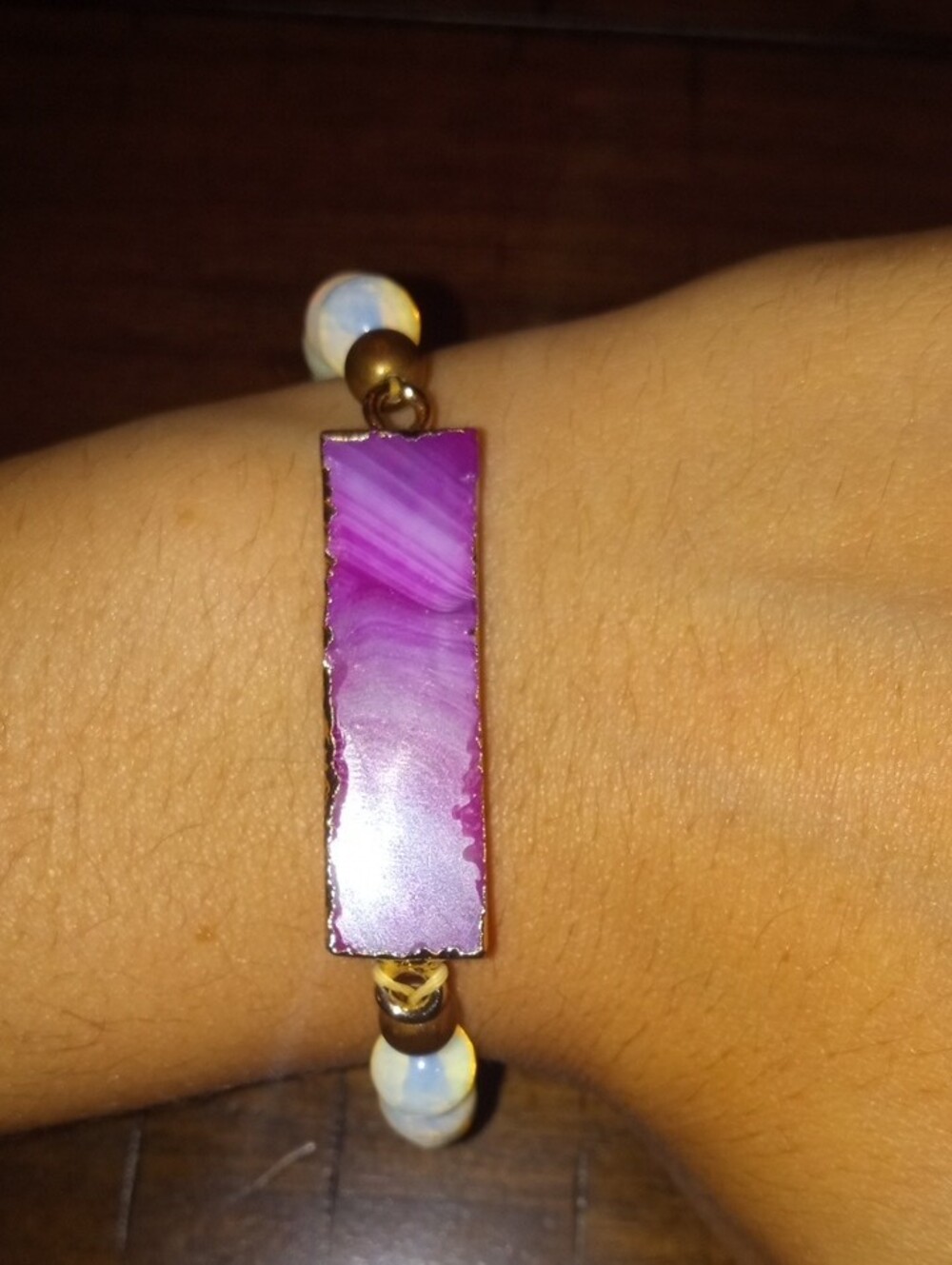 Pink Agate Bar & Opalescent Bead Stretch Bracelet NWT - Picture 3 of 6